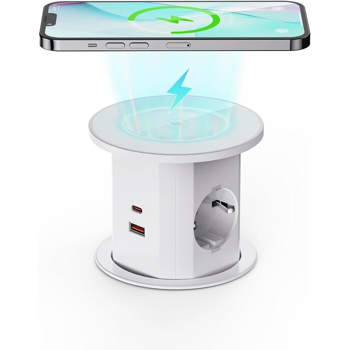 Versenkbare Einbau-Steckdose 7-in-1, 15W Qi-Lader, Weiß - 34% Rabatt