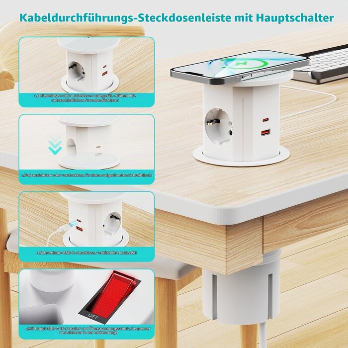 Versenkbare Einbau-Steckdose 7-in-1, 15W Qi-Lader, Weiß - 34% Rabatt