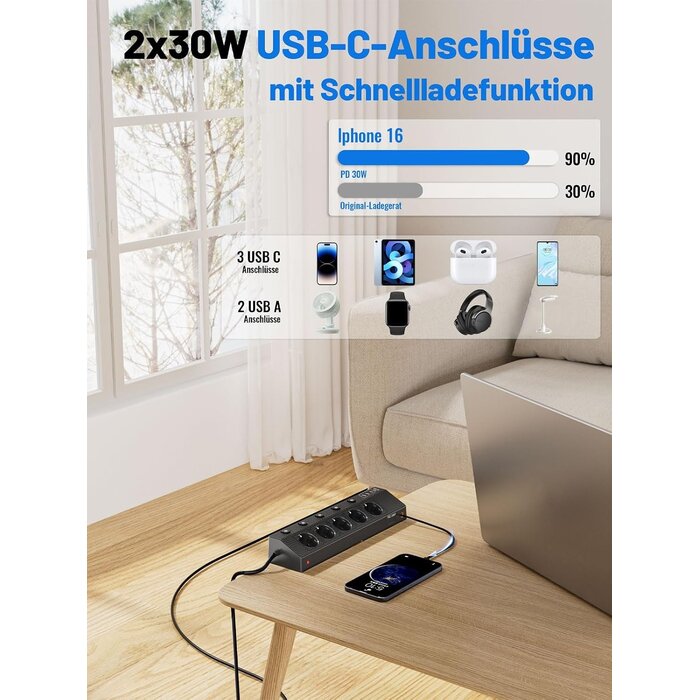 Tisch-Steckdosenleiste 5-fach USB-C PD 30W, 3m Kabel - 32% Rabatt