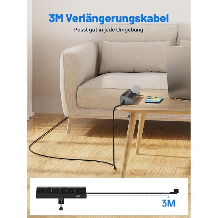 Tisch-Steckdosenleiste 5-fach USB-C PD 30W, 3m Kabel - 32% Rabatt