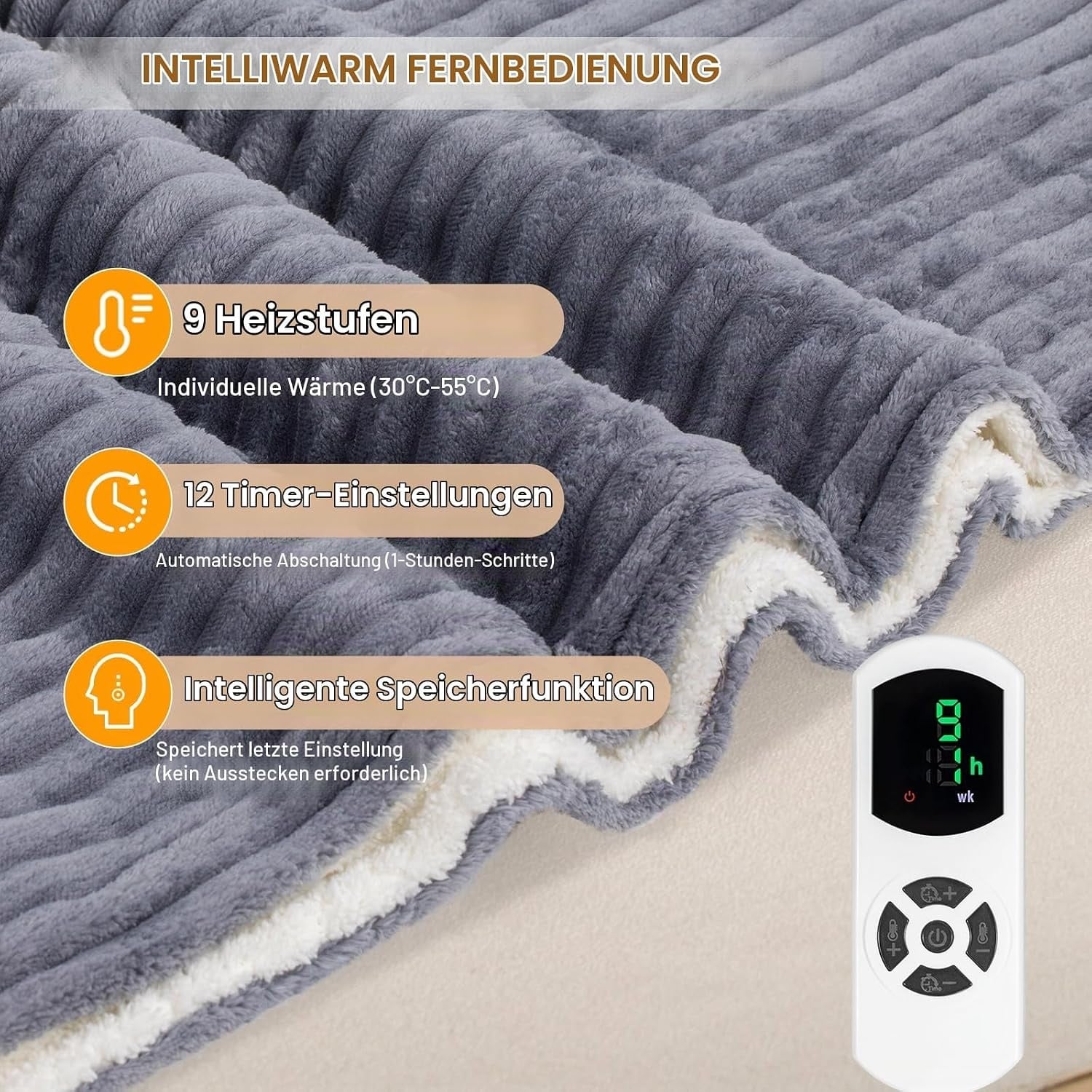Elektrische Heizdecke 160x130 cm, Grau - 33% Rabatt auf Ausgepackt