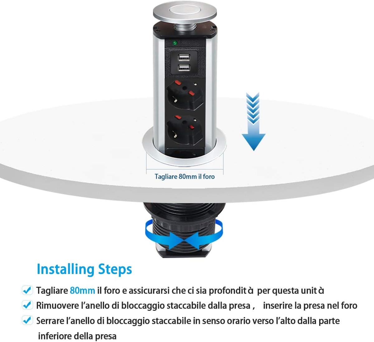 Versenkbare Einbau-Steckdose mit 3x Italien-Typ & 2x USB - 33% Rabatt