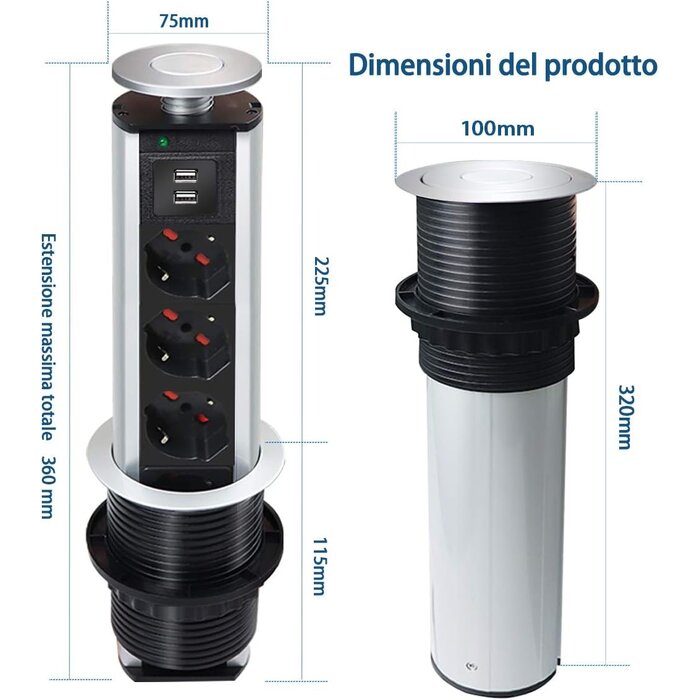 Versenkbare Einbau-Steckdose mit 3x Italien-Typ & 2x USB - 33% Rabatt