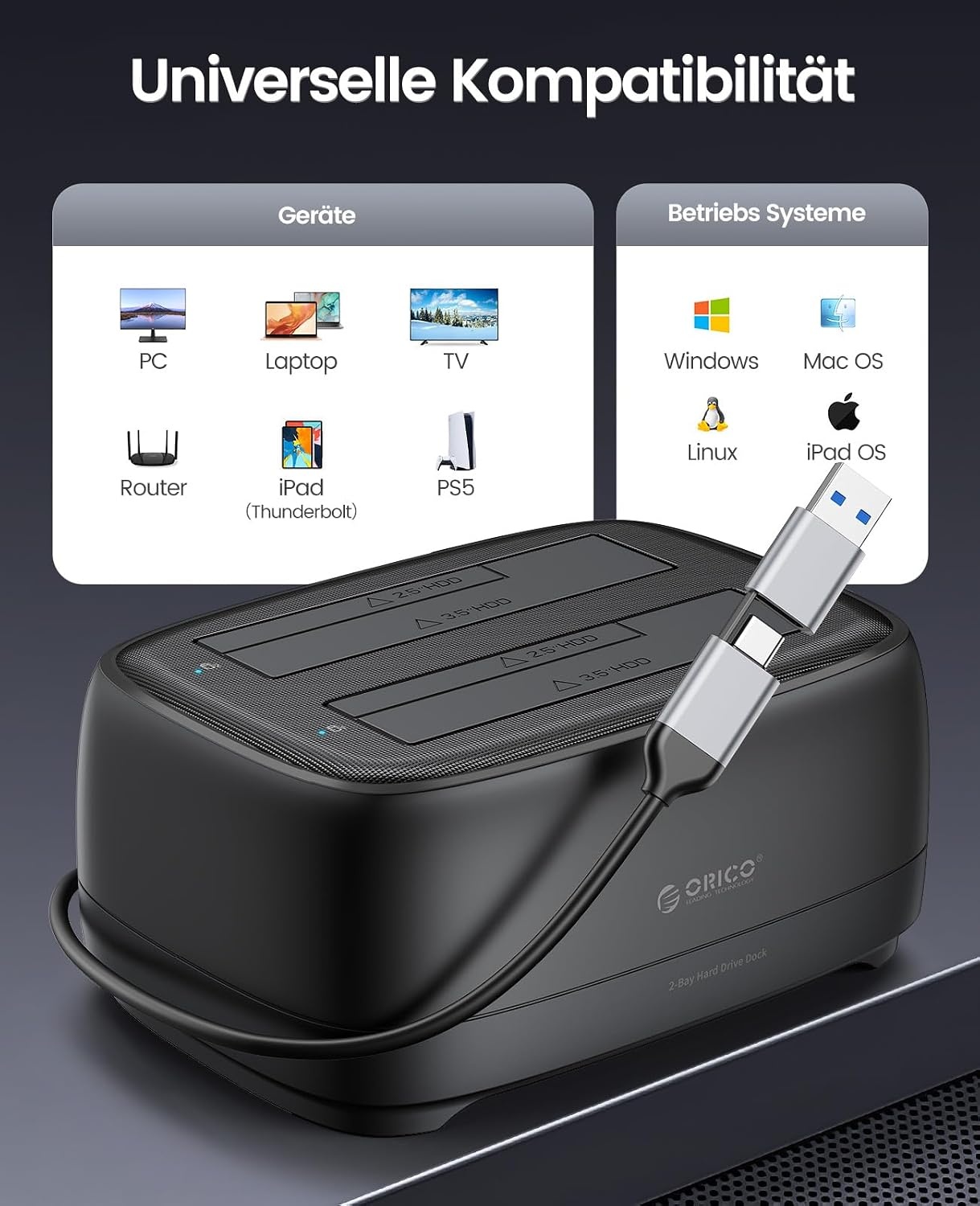 Dual Bay Festplatten-Dockingstation für 2,5" & 3,5" HDD/SSD, 32% Rabatt