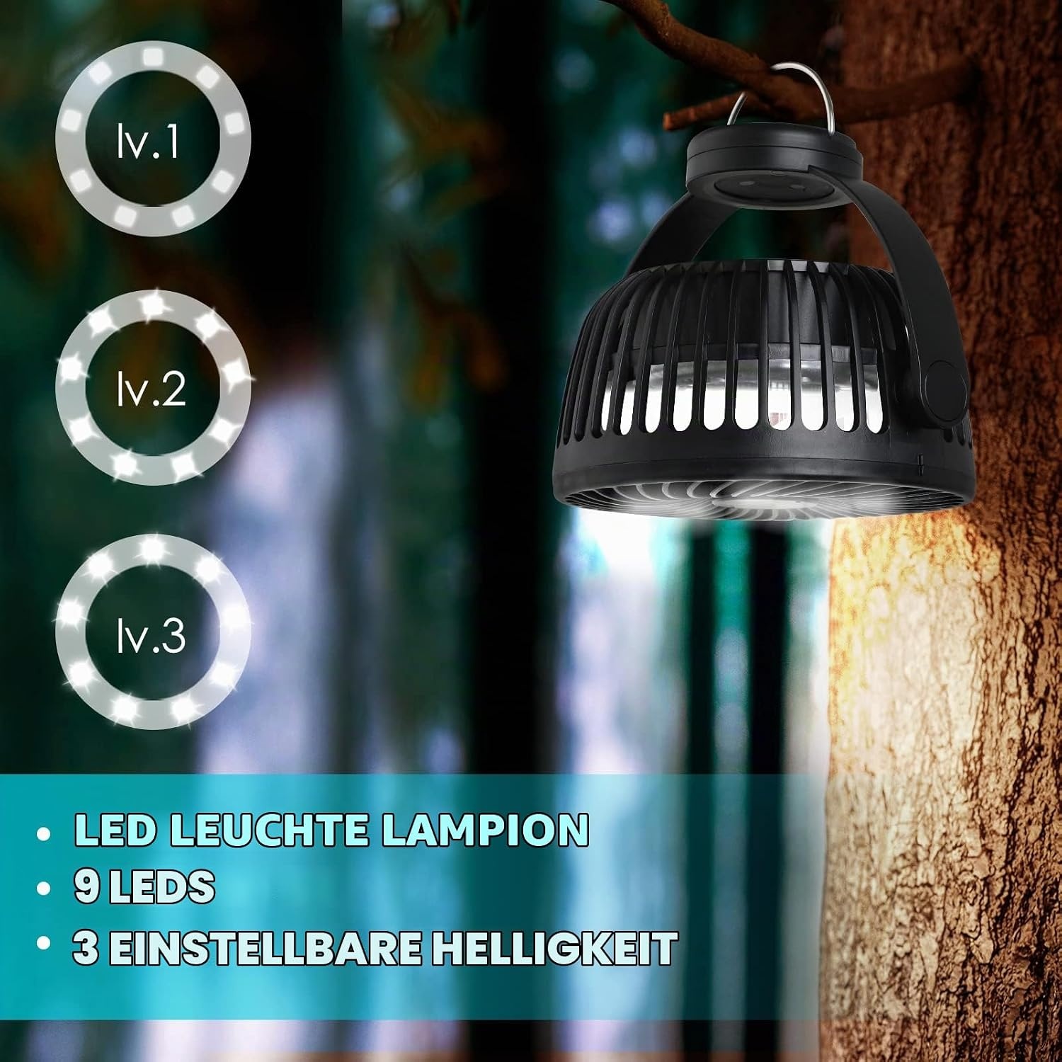 Campingventilator mit LED & Stativ - 31% Rabatt - Schwarz