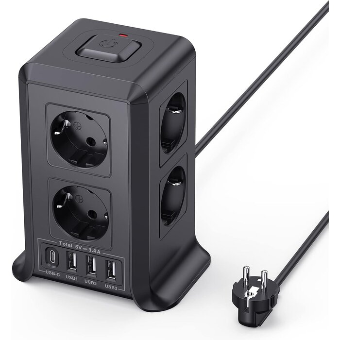 Vertikale 8-fach Steckdosenleiste mit USB, 2m Kabel, Schwarz - 32% Rabatt