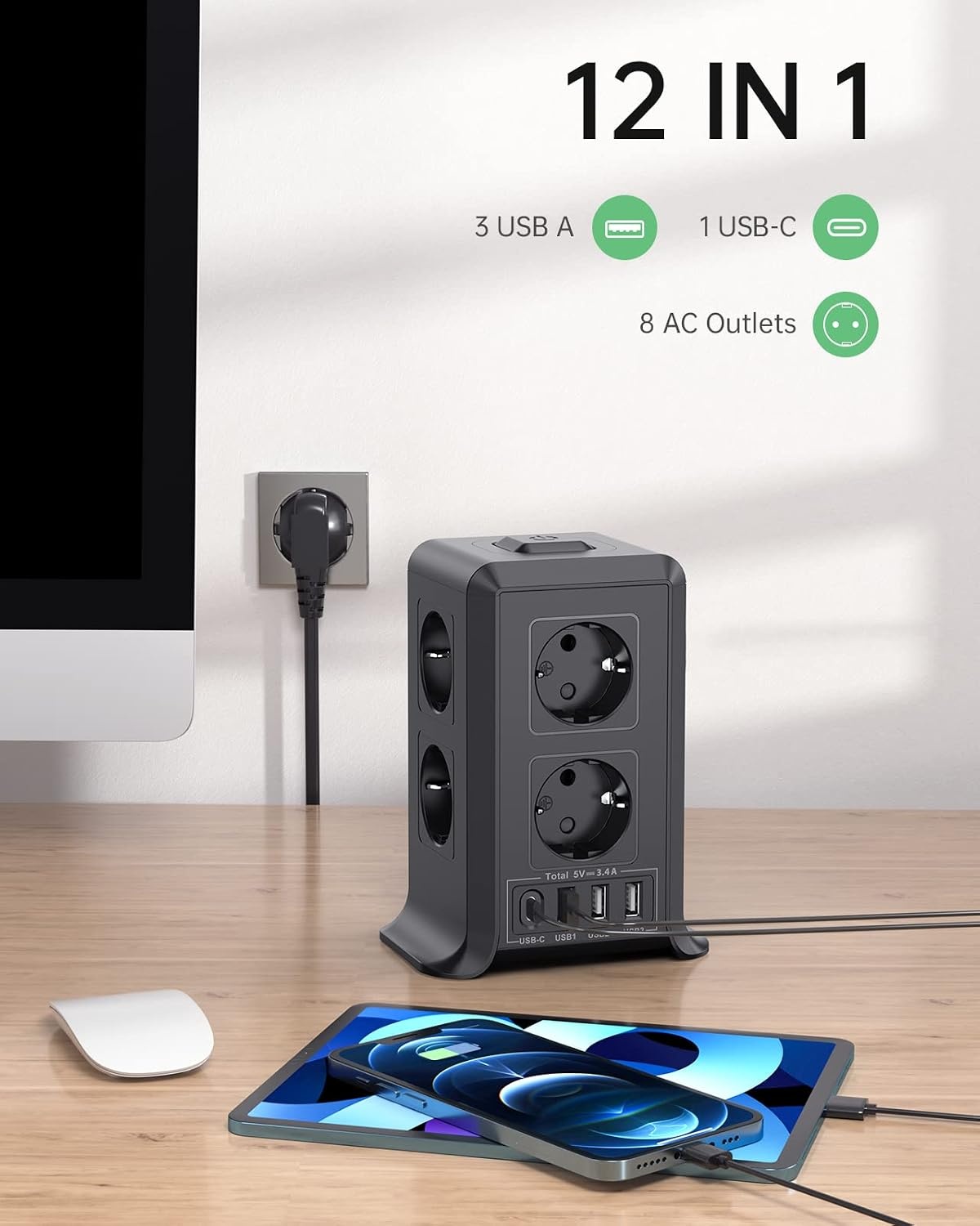 Vertikale 8-fach Steckdosenleiste mit USB, 2m Kabel, Schwarz - 32% Rabatt
