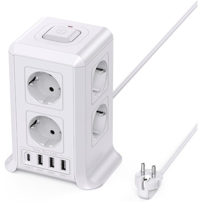 Vertikale 8-fach Steckdosenleiste mit USB, 2m Kabel, Schwarz - 32% Rabatt