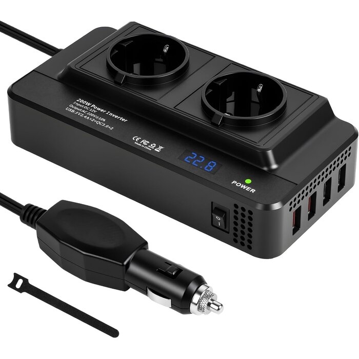 KFZ-Spannungswandler 200W 12V auf 230V mit 31% Rabatt - 2x 230V & 4x USB