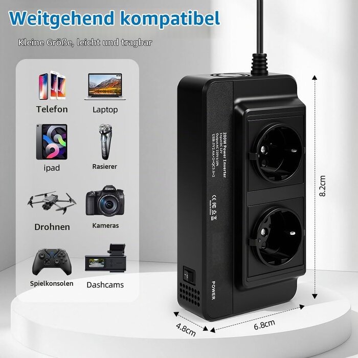 KFZ-Spannungswandler 200W 12V auf 230V mit 31% Rabatt - 2x 230V & 4x USB