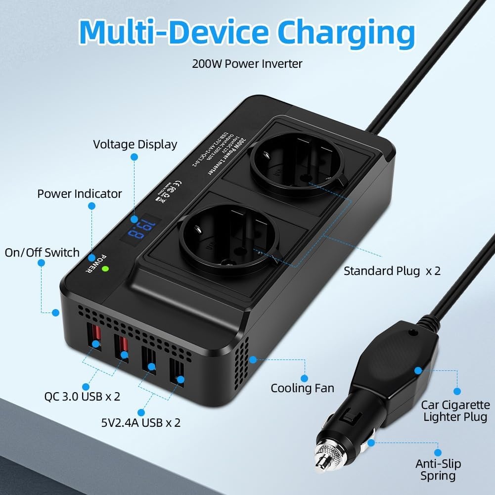 KFZ-Spannungswandler 200W 12V auf 230V mit 31% Rabatt - 2x 230V & 4x USB