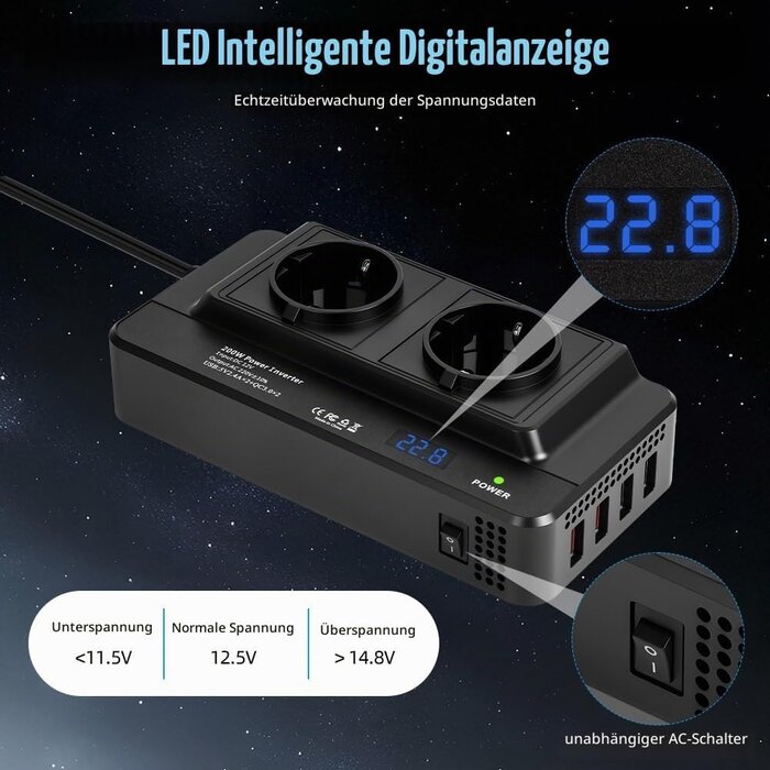 KFZ-Spannungswandler 200W 12V auf 230V mit 31% Rabatt - 2x 230V & 4x USB