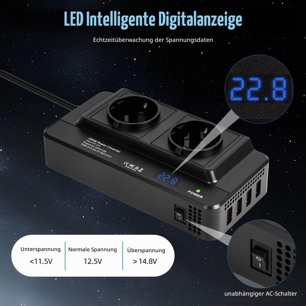 KFZ-Spannungswandler 200W 12V auf 230V mit 31% Rabatt - 2x 230V & 4x USB