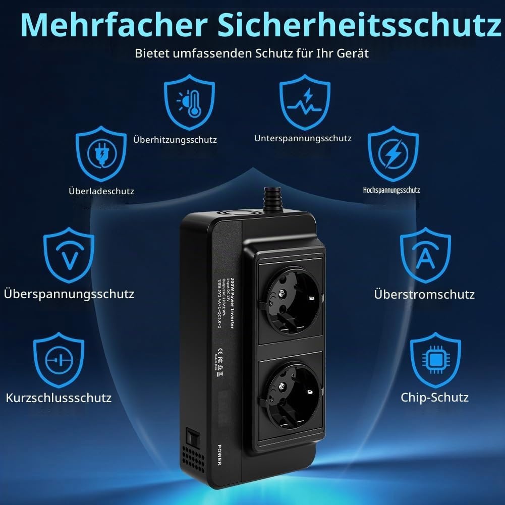 KFZ-Spannungswandler 200W 12V auf 230V mit 31% Rabatt - 2x 230V & 4x USB