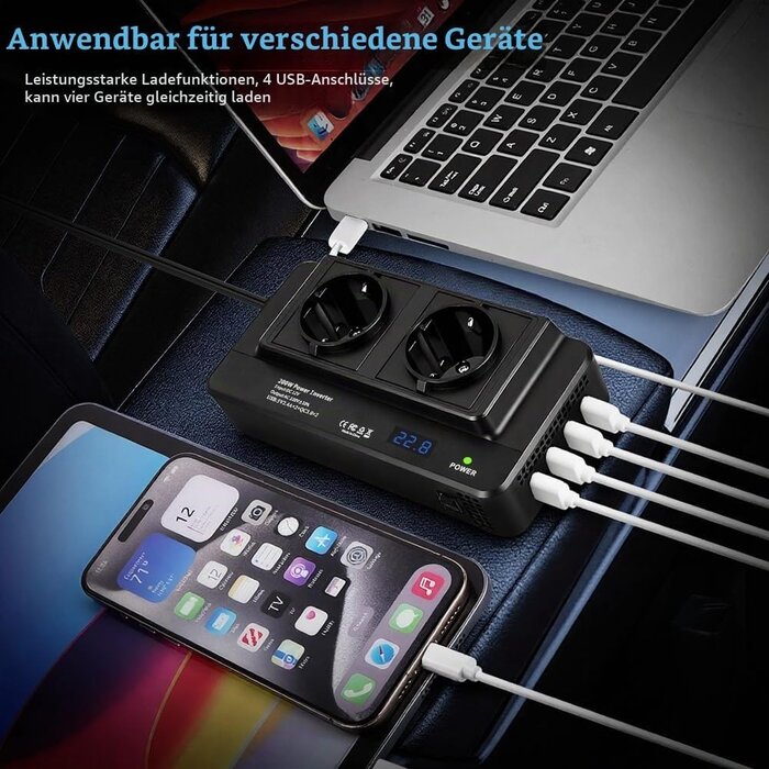 KFZ-Spannungswandler 200W 12V auf 230V mit 31% Rabatt - 2x 230V & 4x USB