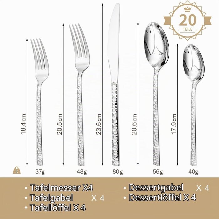 HIKAA 20-teiliges Besteckset Silber, gehämmert - 32% Rabatt