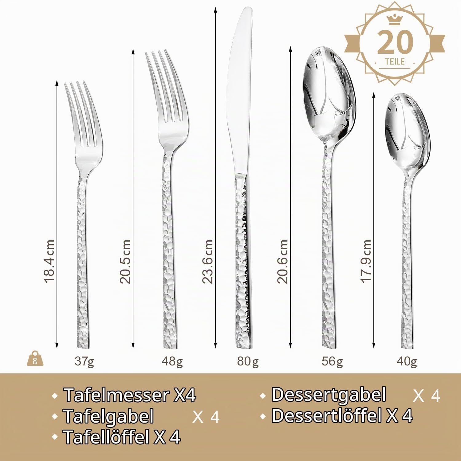 HIKAA 20-teiliges Besteckset Silber, gehämmert - 32% Rabatt