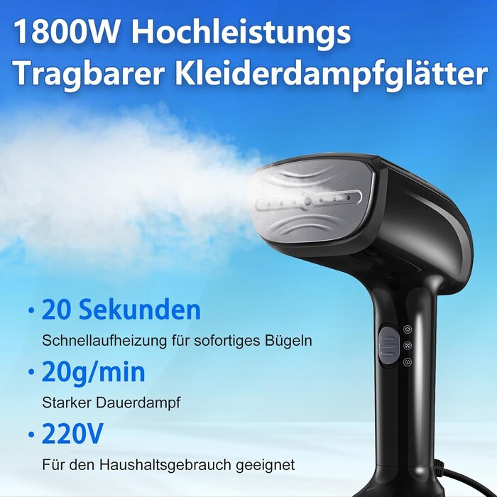 Handdampfglätter 1800W, Schwarz - 33% Rabatt