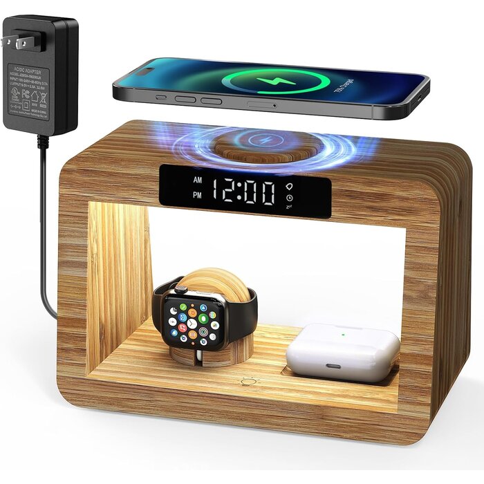 3-in-1 Bambus Ladestation mit LED-Nachtlicht - 33% Rabatt