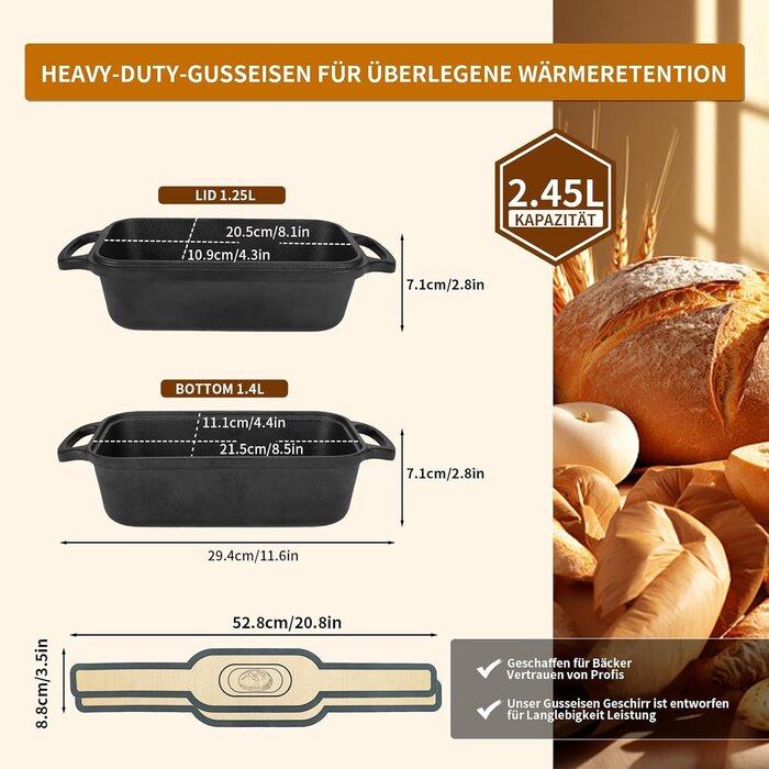 Gusseisen Brotbackform mit Deckel 20x12x16cm - 33% Rabatt
