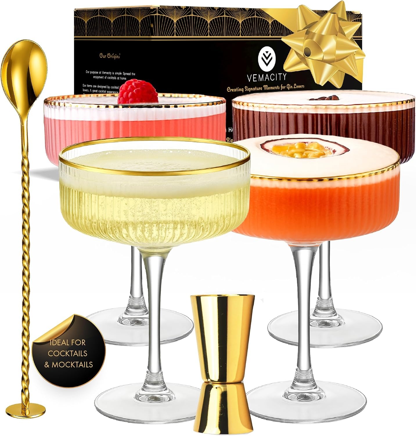 4er Set Espresso Martini Gläser, gerippt mit Gold-Zubehör, 33% Rabatt