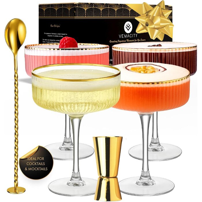 4er Set Espresso Martini Gläser, gerippt mit Gold-Zubehör, 33% Rabatt