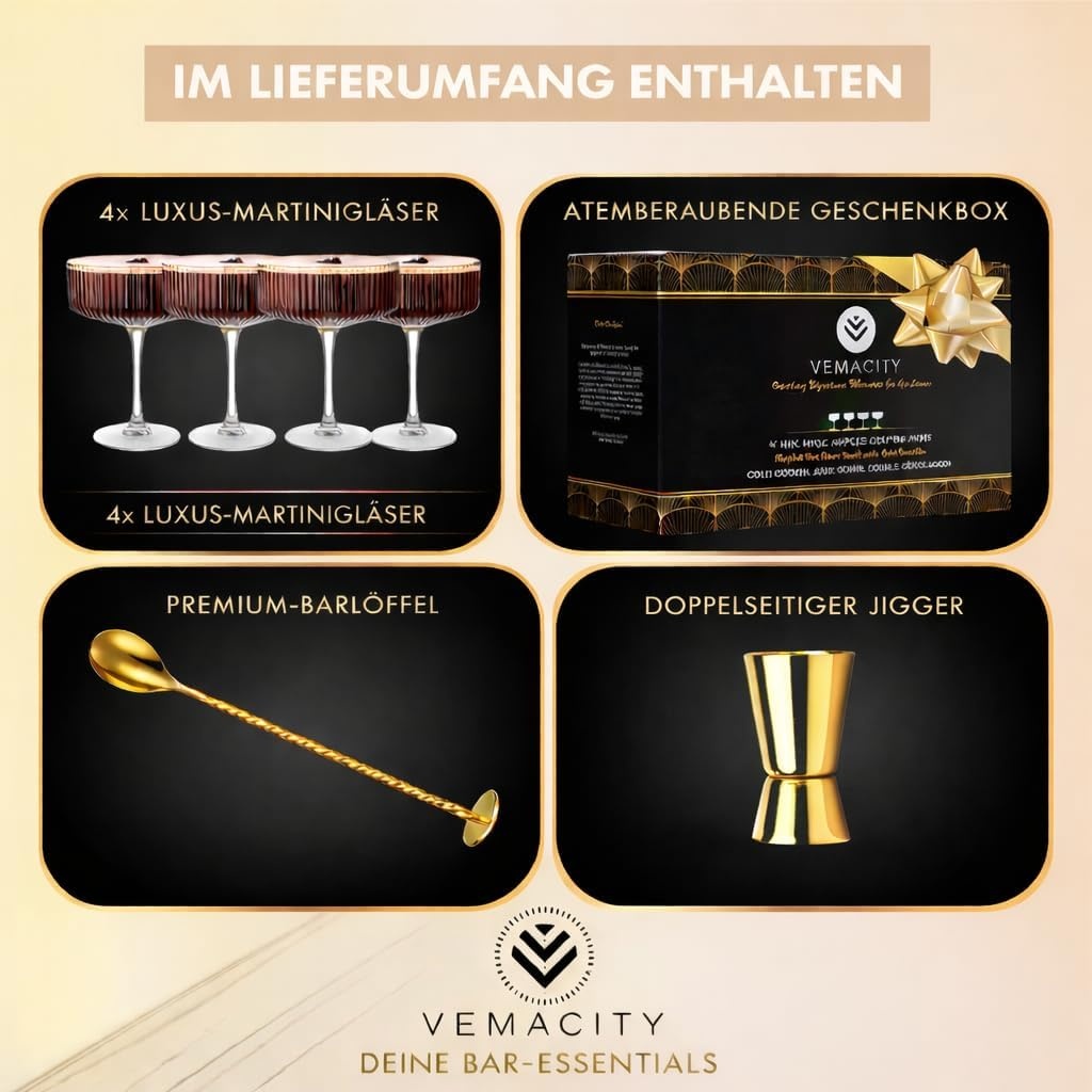 4er Set Espresso Martini Gläser, gerippt mit Gold-Zubehör, 33% Rabatt
