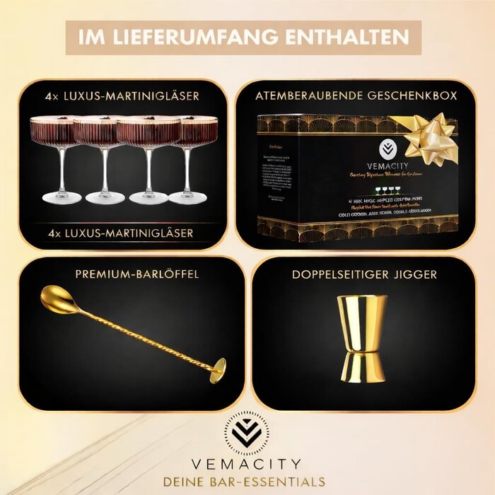 4er Set Espresso Martini Gläser, gerippt mit Gold-Zubehör, 33% Rabatt