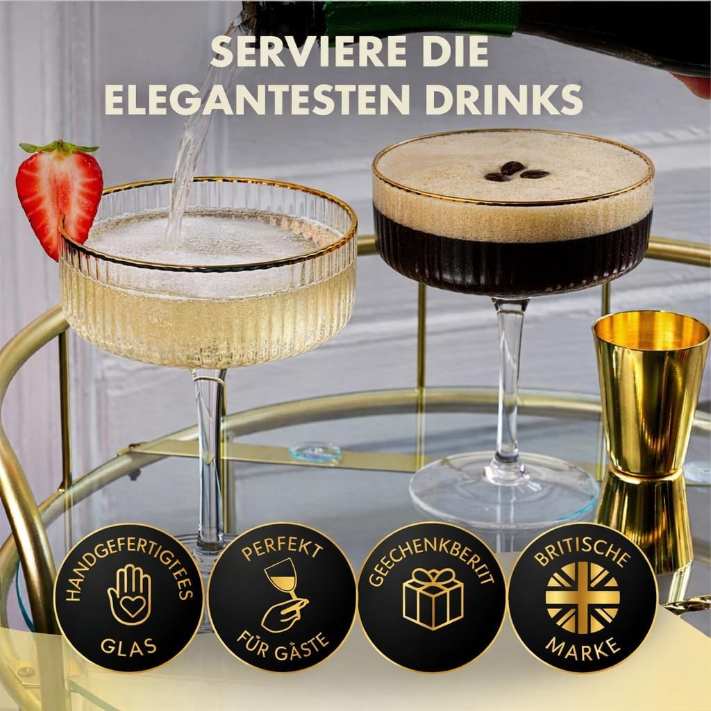 4er Set Espresso Martini Gläser, gerippt mit Gold-Zubehör, 33% Rabatt