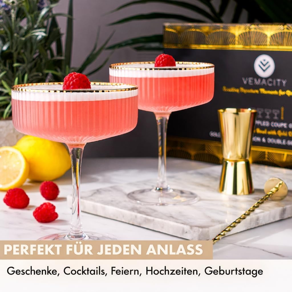 4er Set Espresso Martini Gläser, gerippt mit Gold-Zubehör, 33% Rabatt