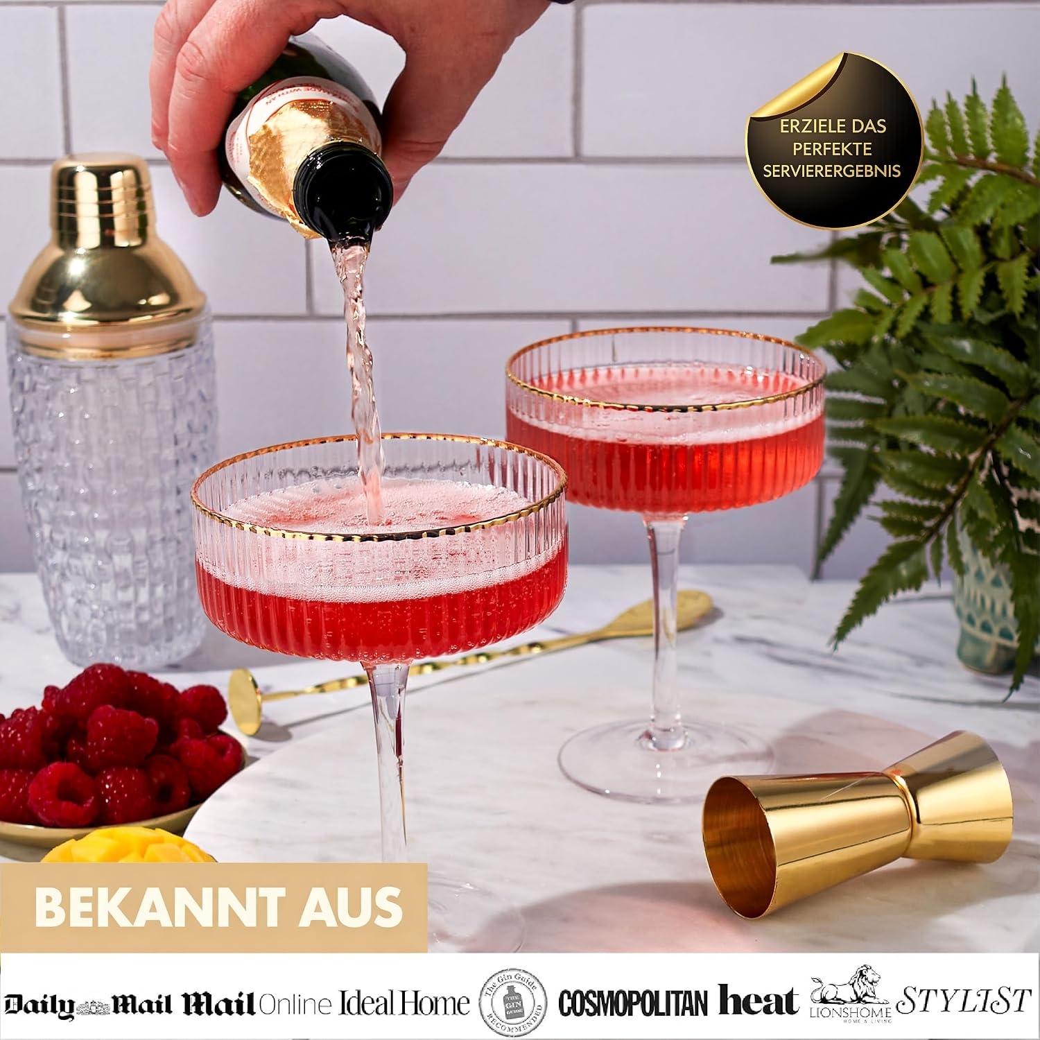 4er Set Espresso Martini Gläser, gerippt mit Gold-Zubehör, 33% Rabatt