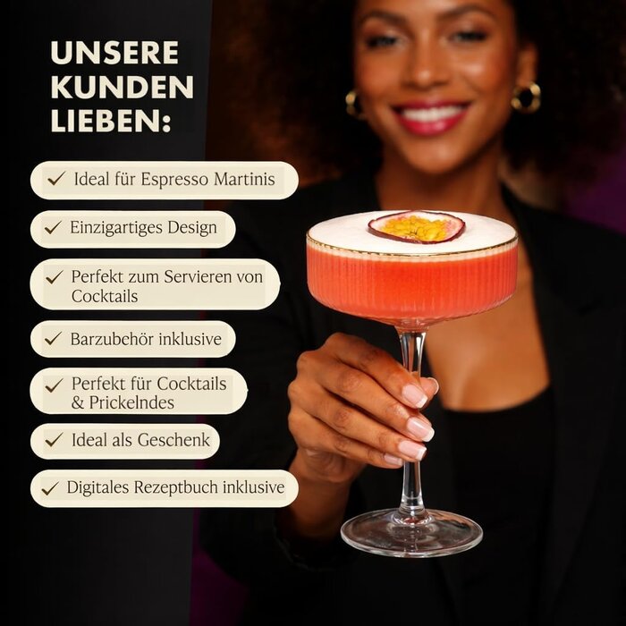4er Set Espresso Martini Gläser, gerippt mit Gold-Zubehör, 33% Rabatt