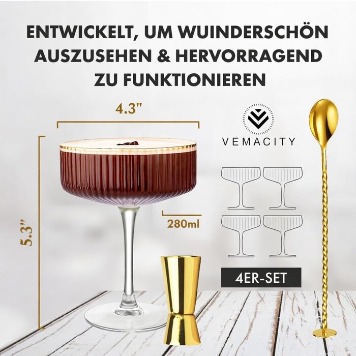 4er Set Espresso Martini Gläser, gerippt mit Gold-Zubehör, 33% Rabatt