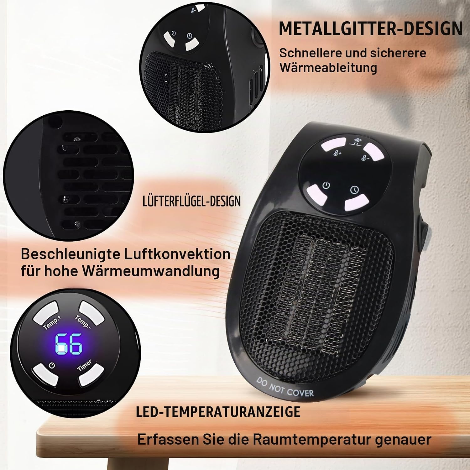 Elektrischer Keramik-Heizlüfter 500W mit Timer - Schwarz - 29% Rabatt