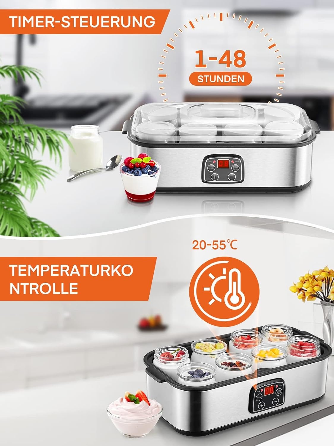 Joghurtbereiter mit 8 Gläsern, Timer & Temperaturregelung - 33% Rabatt
