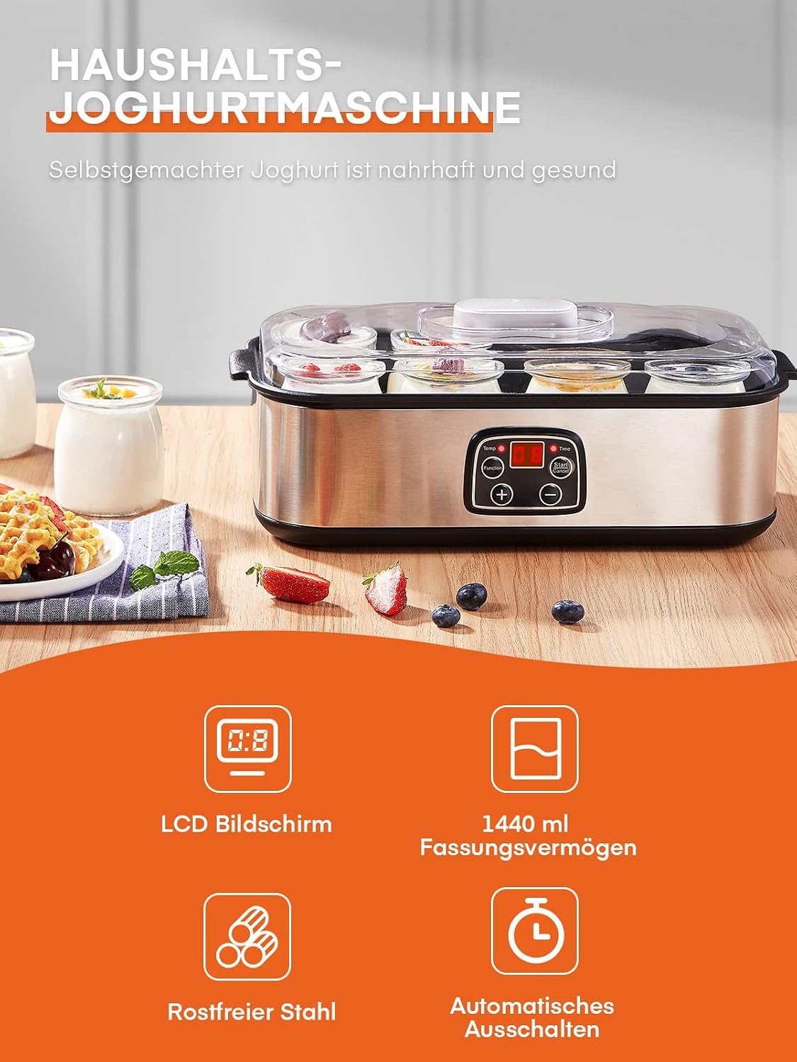 Joghurtbereiter mit 8 Gläsern, Timer & Temperaturregelung - 33% Rabatt