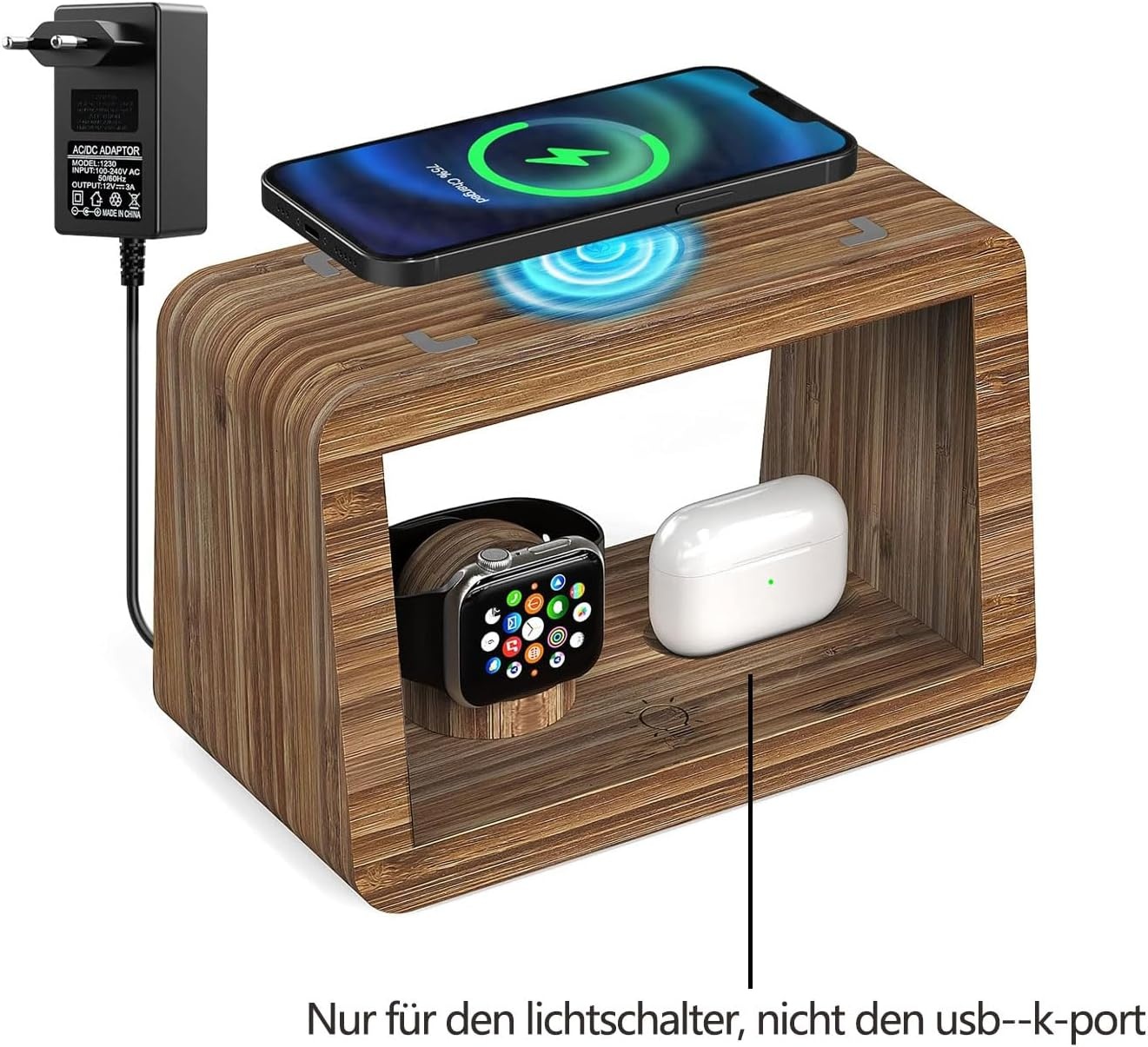 32% Rabatt: Bambus 15W Ladestation mit dimmbarer LED-Nachttischlampe