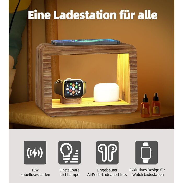 32% Rabatt: Bambus 15W Ladestation mit dimmbarer LED-Nachttischlampe