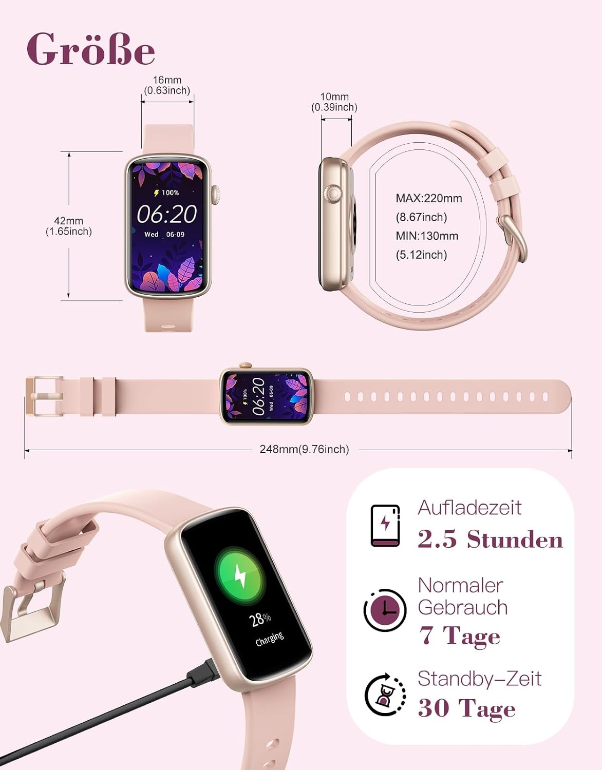 Ultradünne Smartwatch für Damen in Rosa - 30% Rabatt
