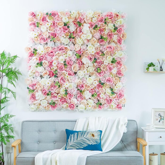 Kunstblumen-Wandpaneel Set, 12-tlg., Rosa-Weiß, 60x40 cm - 35% Rabatt
