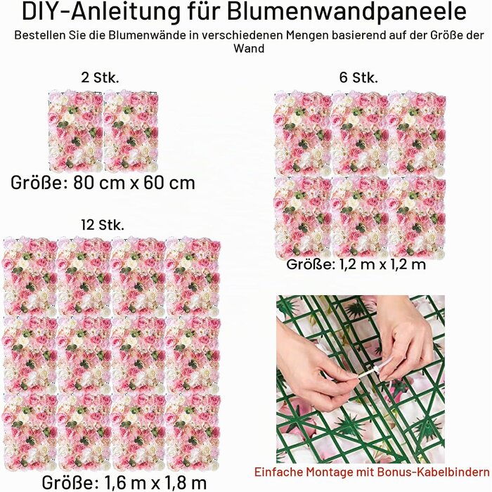Kunstblumen-Wandpaneel Set, 12-tlg., Rosa-Weiß, 60x40 cm - 35% Rabatt