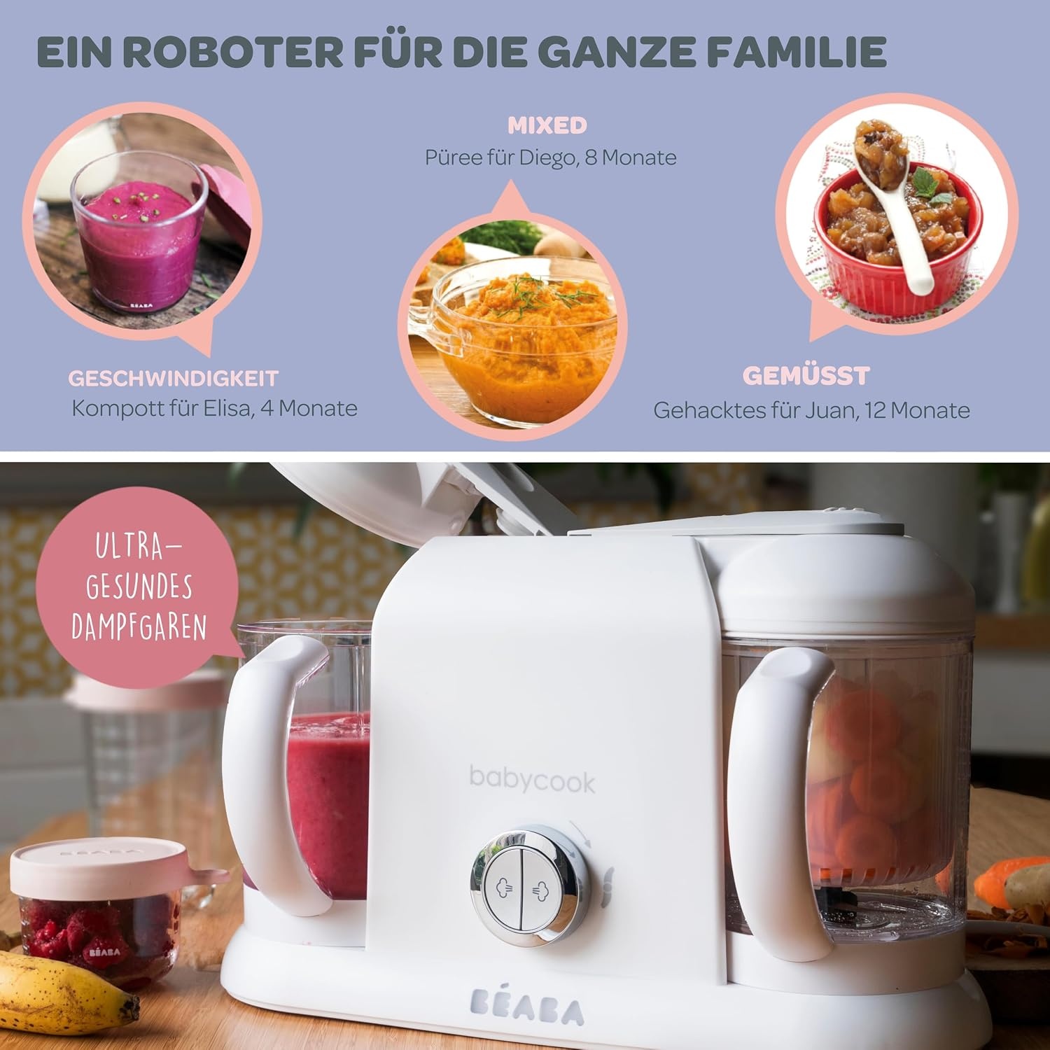 4-in-1 Babynahrungszubereiter 2,2L XXL, Dampfgarer & Mixer - 34% Rabatt