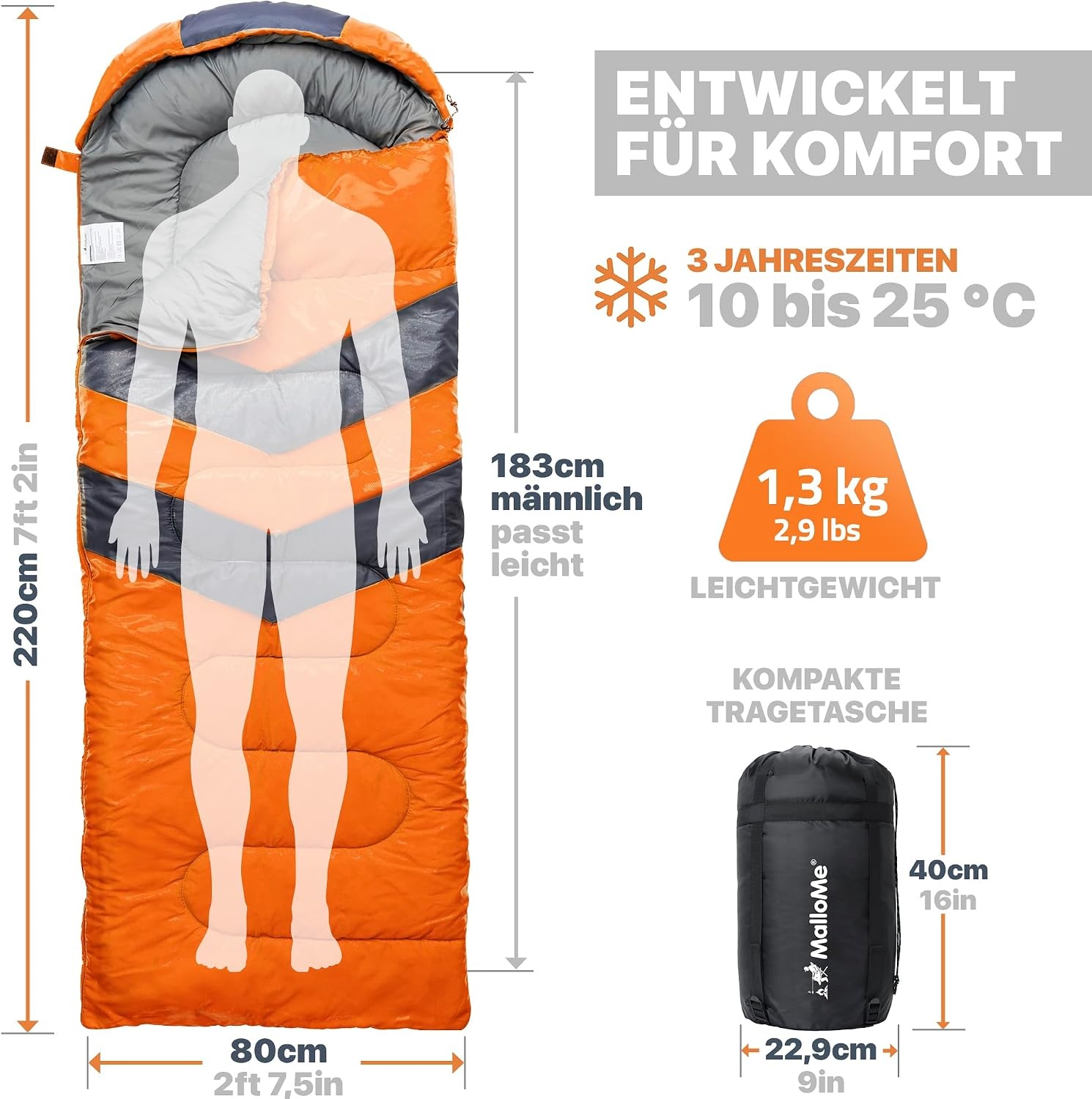 3-Jahreszeiten Schlafsack, Orange, 220 x 75 cm, 27% Rabatt