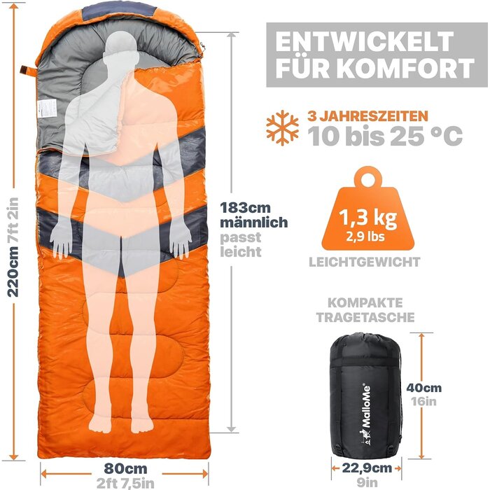 3-Jahreszeiten Schlafsack, Orange, 220 x 75 cm, 27% Rabatt