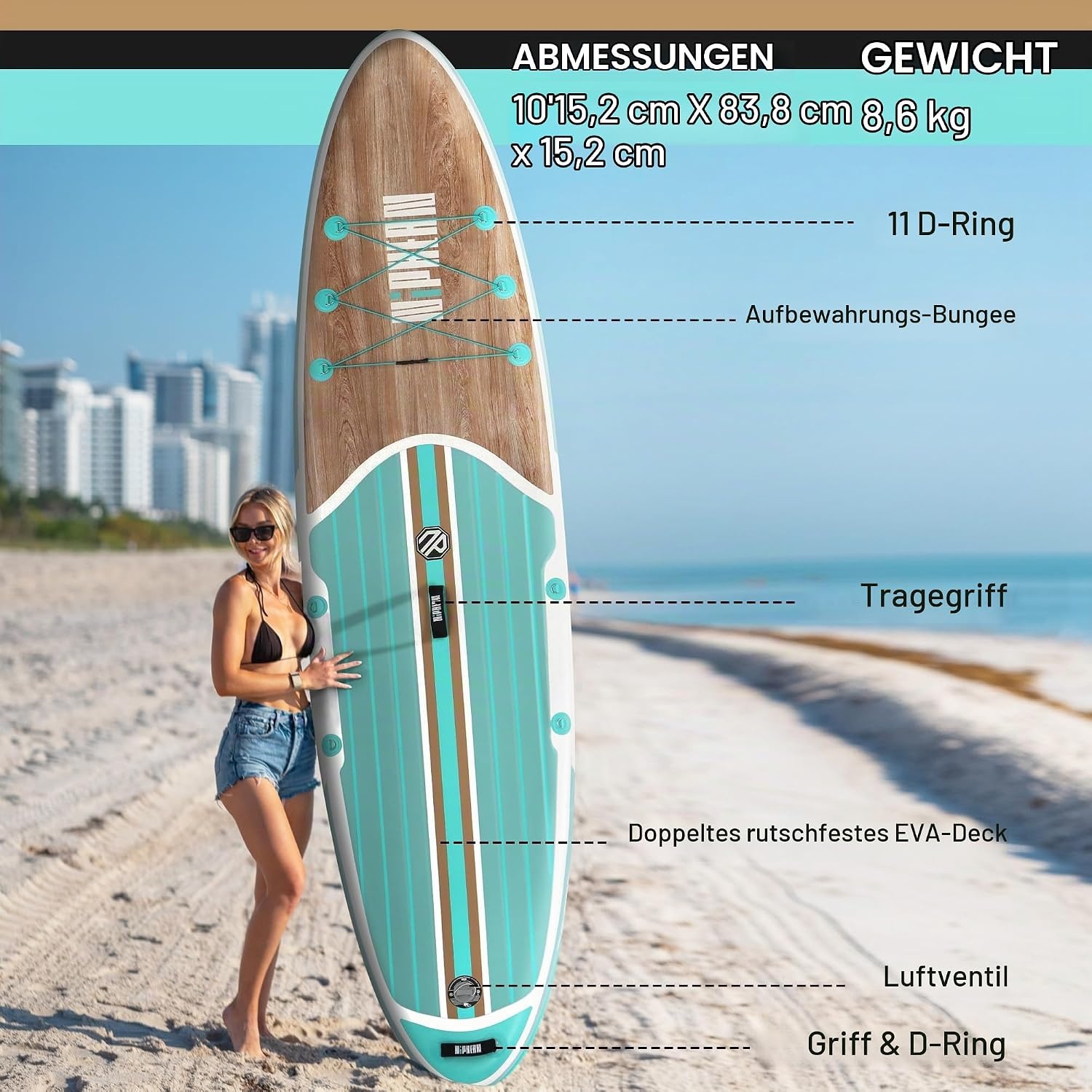 Aufblasbares Stand-Up-Paddleboard 320 cm - Cool Mint Wood - 35% Rabatt