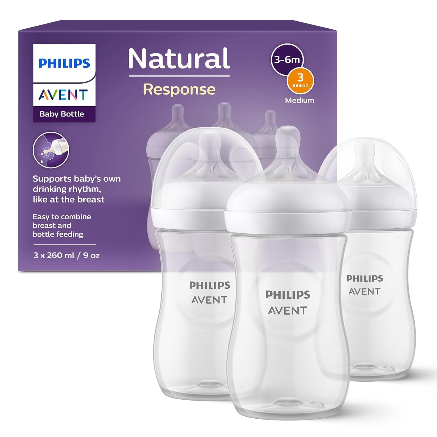 3er-Set Natural Response Babyflaschen 260 ml, transparent - 31% Rabatt