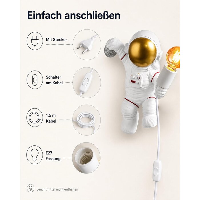 Astronaut Kinder-Wandlampe, Weiß, 32 cm - 34% Rabatt