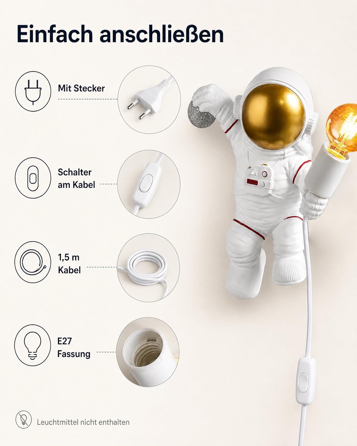 Astronaut Kinder-Wandlampe, Weiß, 32 cm - 34% Rabatt