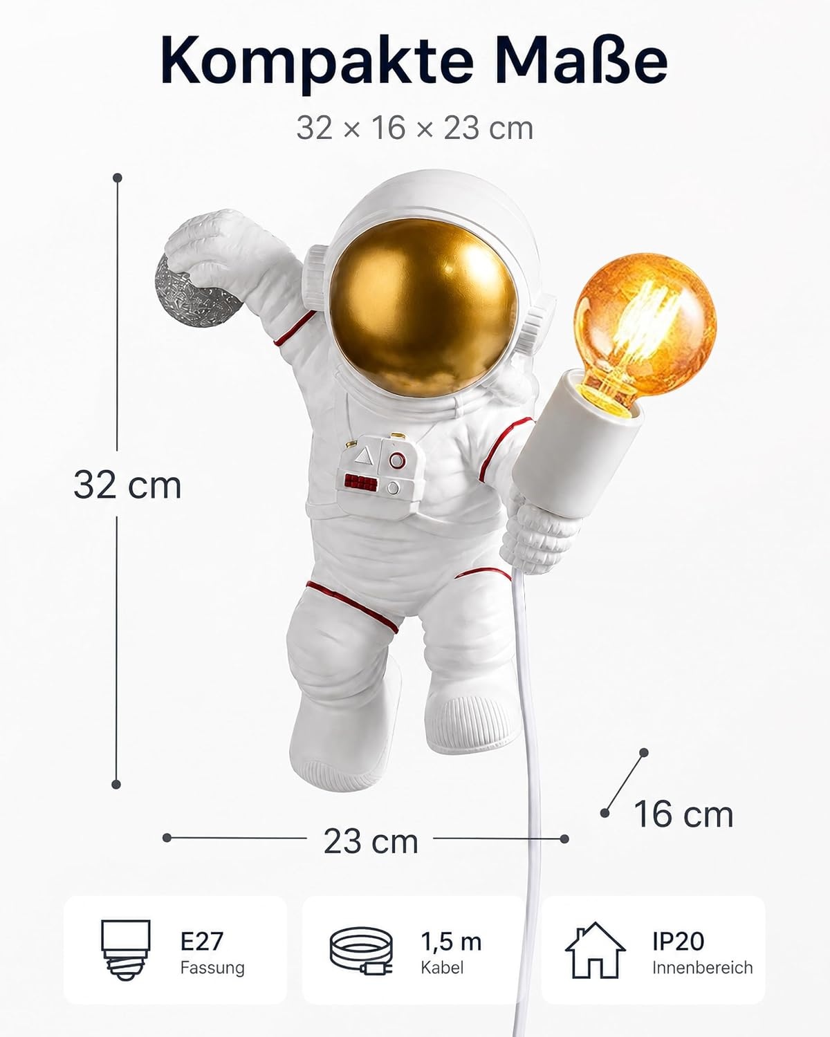 Astronaut Kinder-Wandlampe, Weiß, 32 cm - 34% Rabatt