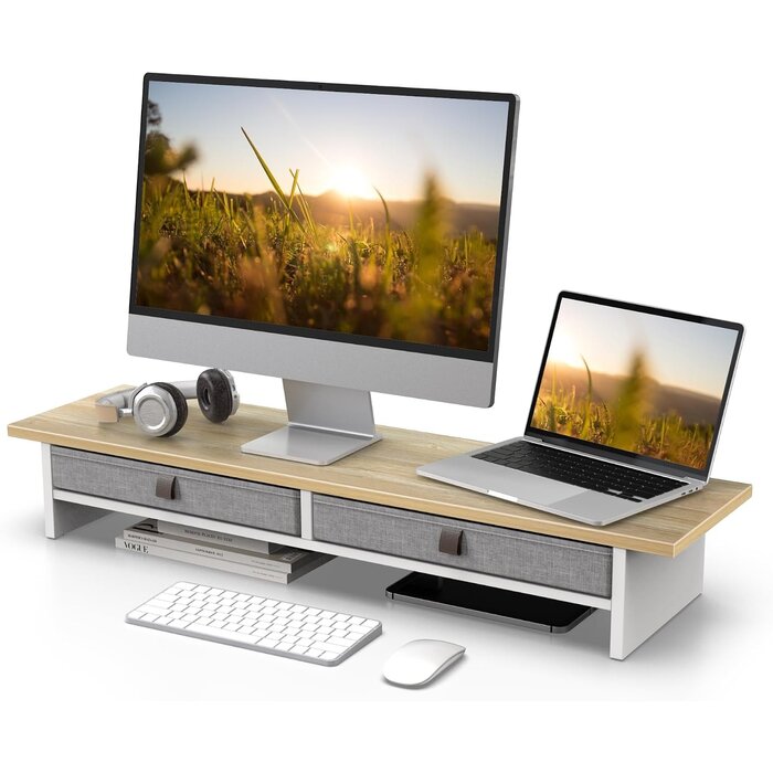 Monitorständer 2 Ebenen Eiche 90cm mit Schubladen - 35% Rabatt